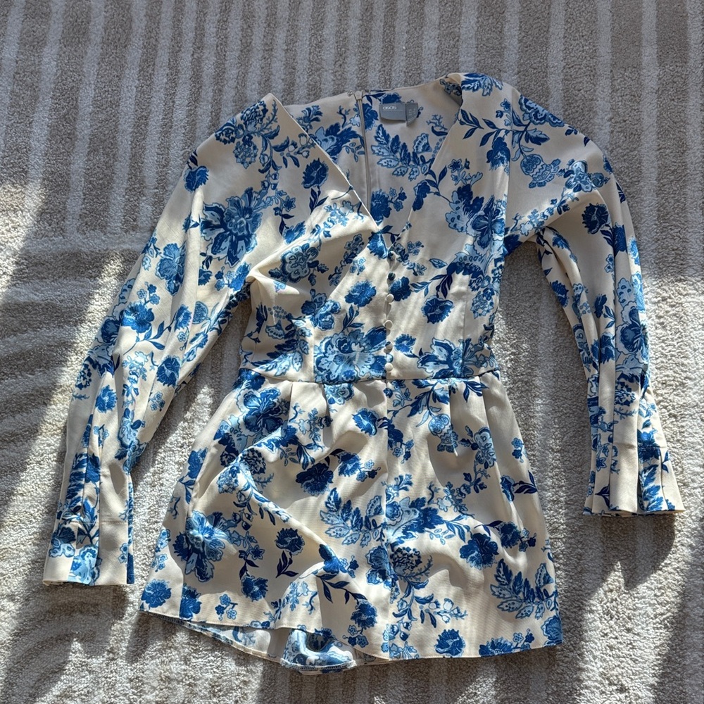 Floral Blue and White Long Sleeve Romper
